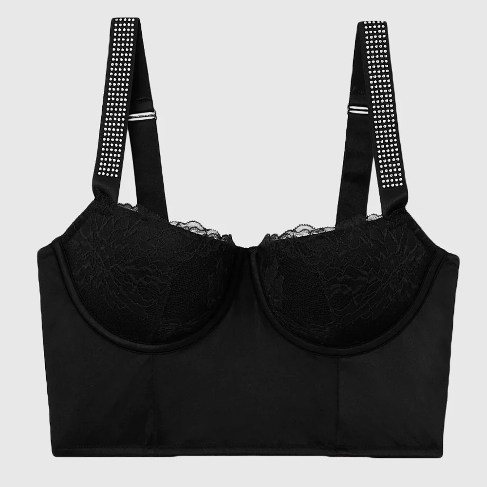 La Senza Black Lace Rhinestone Corset Push-Up Bra